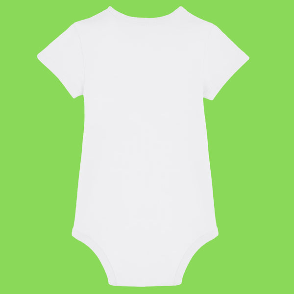 White baby babygrow shown from the back with short sleeves and snap fastenings at the bottom. Made from soft organic cotton interlock fabric. Comfortable everyday baby vest by Katie Abey, perfect for playful dressing and gifting.