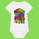 White baby babygrow with colourful Embrace Your Weirdness Katie Abey illustration on the front. Rainbow text artwork celebrating creativity and self expression. Organic cotton baby vest with short sleeves and popper fastenings, ideal for quirky baby outfits.