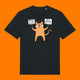Front view of the Katie Abey Grateful To Be Here But Respectfully WTF adults t shirt in black. Features a whimsical cartoon cat illustration holding protest signs with humorous wording. Alternative graphic tee by illustrator Katie Abey on an orange background.