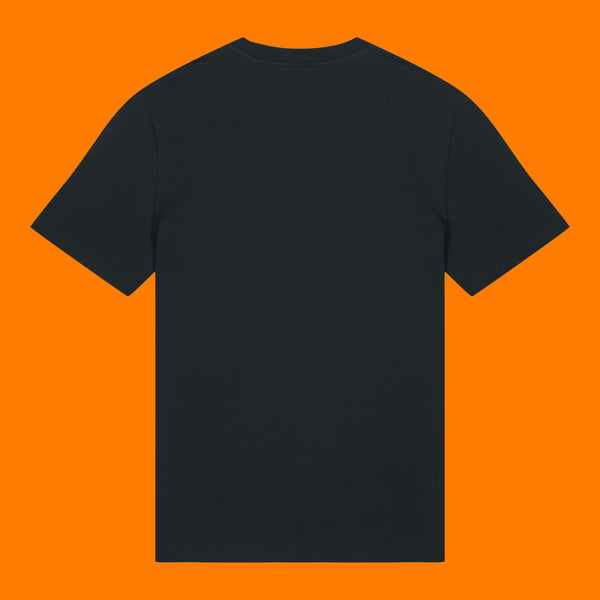 Back view of the Katie Abey Grateful To Be Here But Respectfully WTF adults graphic t shirt in black. Plain back unisex organic cotton tee with crew neck and short sleeves, photographed on a bright orange background.
