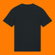 Back view of the Katie Abey Grateful To Be Here But Respectfully WTF adults graphic t shirt in black. Plain back unisex organic cotton tee with crew neck and short sleeves, photographed on a bright orange background.
