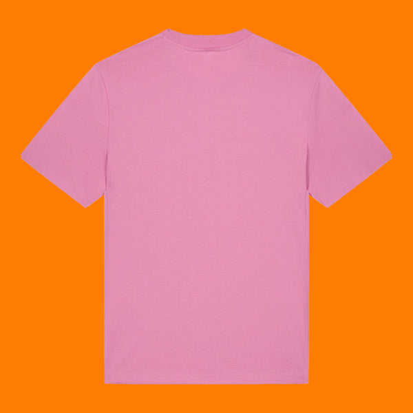 Back view of the Katie Abey Grateful To Be Here But Respectfully WTF adults t shirt in bubble pink. Plain back unisex organic cotton tee with crew neck and short sleeves, photographed on a bright orange background.

