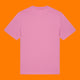 Back view of the Katie Abey Grateful To Be Here But Respectfully WTF adults t shirt in bubble pink. Plain back unisex organic cotton tee with crew neck and short sleeves, photographed on a bright orange background.
