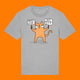 Front view of the Katie Abey Grateful To Be Here But Respectfully WTF adults t shirt in heather grey. Features a quirky orange cartoon cat holding two signs reading “Grateful To Be Here” and “But Respectfully… WTF”, illustrated by Katie Abey. Funny alternative graphic tee on an orange background.

