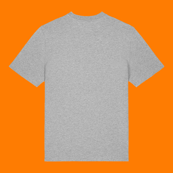 Back view of the Katie Abey Grateful To Be Here But Respectfully WTF adults t shirt in heather grey. Organic cotton unisex tee with a plain back and classic crew neck design, photographed on a bright orange background for a quirky alternative fashion product listing.