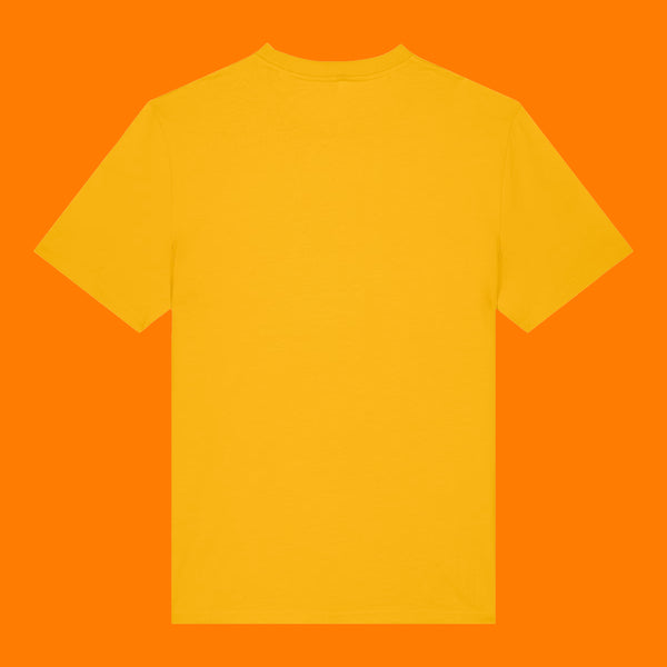 Back view of the Katie Abey Grateful To Be Here But Respectfully WTF adults t shirt in spectra yellow. Plain back unisex organic cotton tee with short sleeves and crew neck, photographed on a bright orange background.
