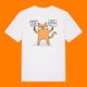 Front view of the Katie Abey Grateful To Be Here But Respectfully WTF adults graphic t shirt in white. Features a humorous cartoon cat holding signs reading “Grateful To Be Here” and “But Respectfully… WTF”, illustrated by Katie Abey. Funny alternative graphic tee on an orange background.