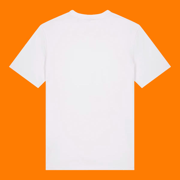 Back view of the Katie Abey Grateful To Be Here But Respectfully WTF adults t shirt in white. Plain back unisex organic cotton tee with crew neck and short sleeves, photographed on a bright orange background for an alternative clothing product listing.