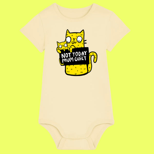Butter yellow organic cotton baby grow featuring a playful yellow cat illustration holding a “Not Today Mum Guilt” sign. Designed by UK illustrator Katie Abey, this soft and humorous baby outfit is perfect for newborns and makes a unique baby shower gift.