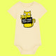 Butter yellow organic cotton baby grow featuring a playful yellow cat illustration holding a “Not Today Mum Guilt” sign. Designed by UK illustrator Katie Abey, this soft and humorous baby outfit is perfect for newborns and makes a unique baby shower gift.