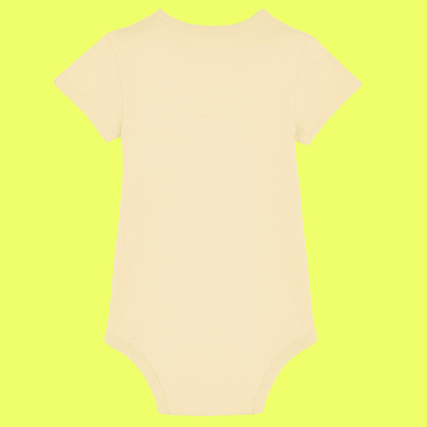Back view of butter yellow organic cotton baby grow with short sleeves and popper fastening. Minimal back design of the “Not Today Mum Guilt” babygrow designed by Katie Abey, a UK illustrator known for fun, weird and uplifting artwork.
