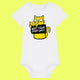 White organic cotton baby grow featuring a funny yellow cartoon cat illustration holding a sign that reads “Not Today Mum Guilt”. Designed by UK illustrator Katie Abey, this humorous baby outfit is soft, comfy and perfect as a unique baby shower or new parent gift.