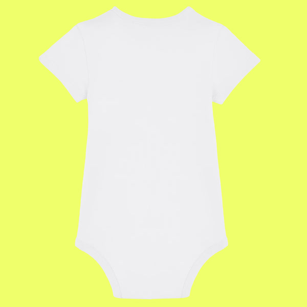 Back view of white organic cotton baby grow with short sleeves and popper fastening for easy changing. Minimal back design of the “Not Today Mum Guilt” babygrow by UK illustrator Katie Abey, known for playful, quirky and uplifting illustrated designs.