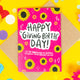 Happy giving birth day greeting card designed by Katie Abey and printed in the UK. The card has a bright pink front with various sunflowers and white sparkles around the border with text in the centre reading 'happy 'giving birth' day! it's the anniversary of birthing a person! you're amazing! go you!' The card is laying on a yellow background.