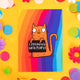A6 greeting postcard featuring smiley illustrated orange and black cat holding sweary sign, on rainbow background. Designed by Katie Abey in the UK