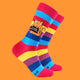 Brightly striped rainbow socks featuring a quirky orange cat holding a sign that says, "I F***ing Hate People." Designed by Katie Abey, these socks combine bold colours and a touch of sass, perfect for lovers of weird and wonderful fashion.