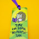 Katie Abey hedgehog bookmark close-up showing cute hedgehog reading a book and drinking tea with text “Time for some ‘No people’ time”. Bright green background with purple ribbon. Ideal quirky gift for readers, introverts and stationery lovers.