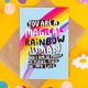 A6 Greetings Card that reads 'You Are a Magical Rainbow Human and I am so proud to have you in my life' with black white pink writing on blue background with rainbow illustration. Designed by Katie Abey in the UK