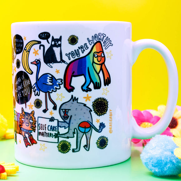 The cup of Kindness is illustrated white mug by Katie Abey with lots of fun characters reminding you to be kind