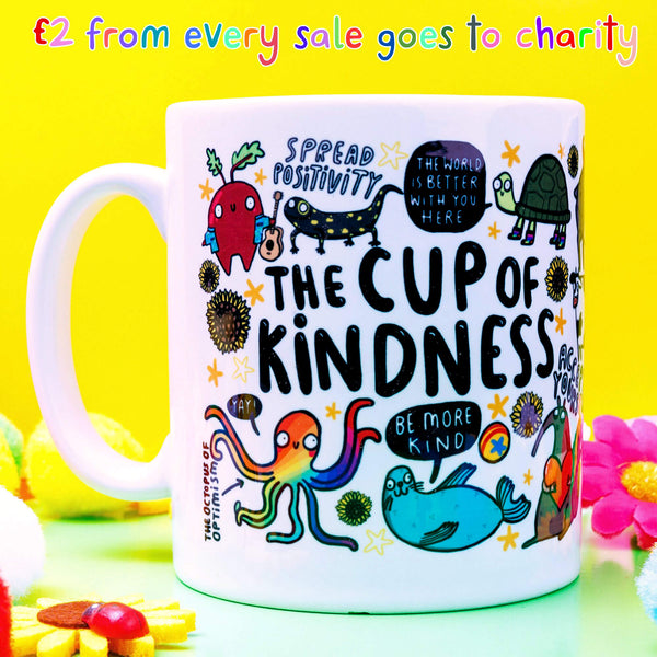 The cup of Kindness is illustrated white mug by Katie Abey with lots of fun characters reminding you to be kind