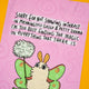 Close-up of Katie Abey art print featuring a fluffy moth with green wings holding a magic puffball. Text reads: "Sorry For Not Showing Interest In Meaningless Gossip & Petty Drama I'm Too Busy Finding The Magic In Everything That There Is." Limited A4 wall art print.