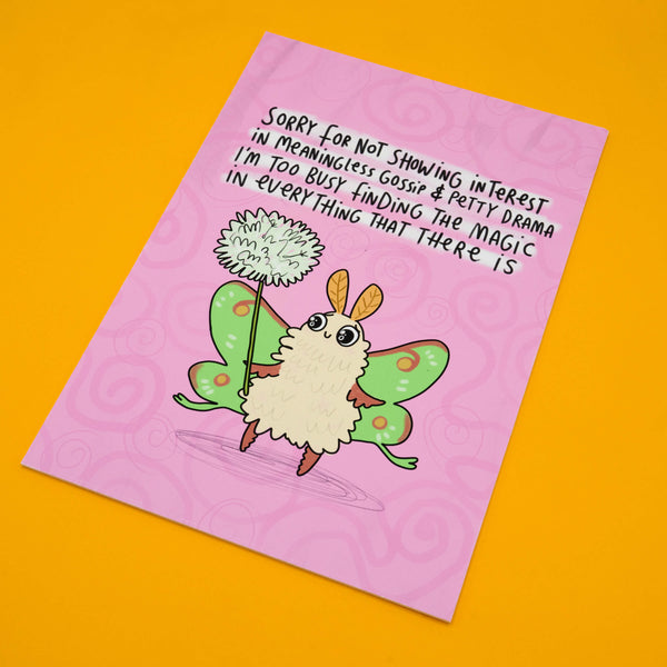 Whimsical Katie Abey moth illustration art print with motivational quote about avoiding gossip and finding magic. A4 limited edition signed and numbered matte print on foam backed board. Fun, weird, and uplifting wall art for quirky decor lovers.