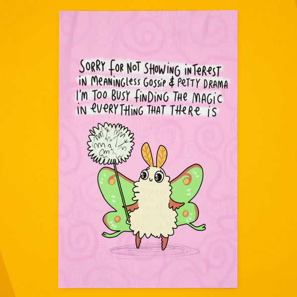 Katie Abey "Sorry For Not Showing Interest In Meaningless Gossip" moth art print. Illustrated fluffy moth with green wings holding a magic dandelion puff against a pink swirly background. A4 signed and numbered matte print, limited to 10. Perfect weird and whimsical wall art for unique homes.