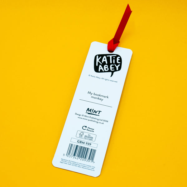 Back of Katie Abey My Bookmark Monkey bookmark with red ribbon on bright yellow background. Features Katie Abey logo, barcode and product details. Cute illustrated bookmark by quirky UK artist encouraging individuality and creativity.