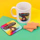 Katie Abey quirky coaster and mug set featuring a hippo holding a lighter with a bold message: "Trying to stay 'love and light' but some of you fuckers make it reeaal tricky." The vibrant rainbow gradient background adds a playful vibe, making it the perfect addition for alternative homeware. Katie Abey’s illustrations inspire you to be unapologetically weird while adding a dash of sass to your daily coffee moments.