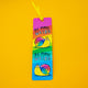 Katie Abey Be More Weird Snail Bookmark displayed on bright yellow background with vibrant rainbow stripes and smiling snail illustrations. Fun, quirky design with yellow ribbon, ideal for readers who love colourful and alternative stationery.