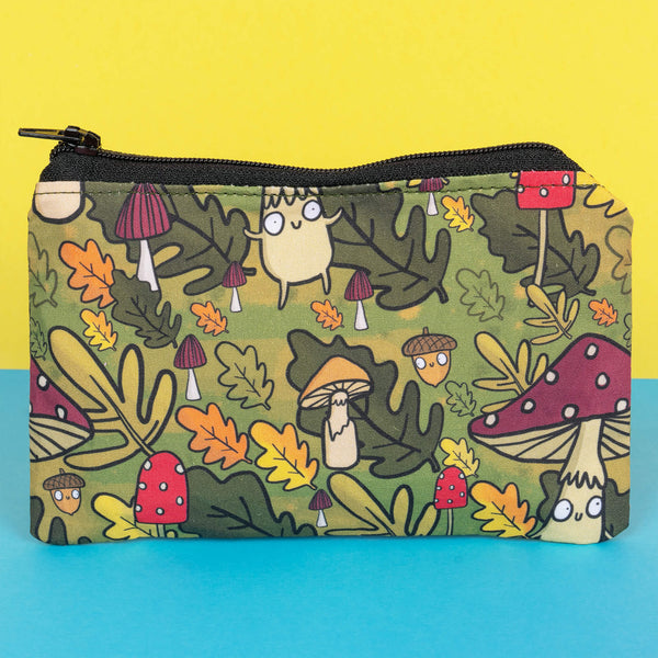 Mushroom Bois Coin Purse with green forest illustration featuring smiley mushrooms and acorns. Designed by Katie Abey X Dawney's Sewing Room in the UK