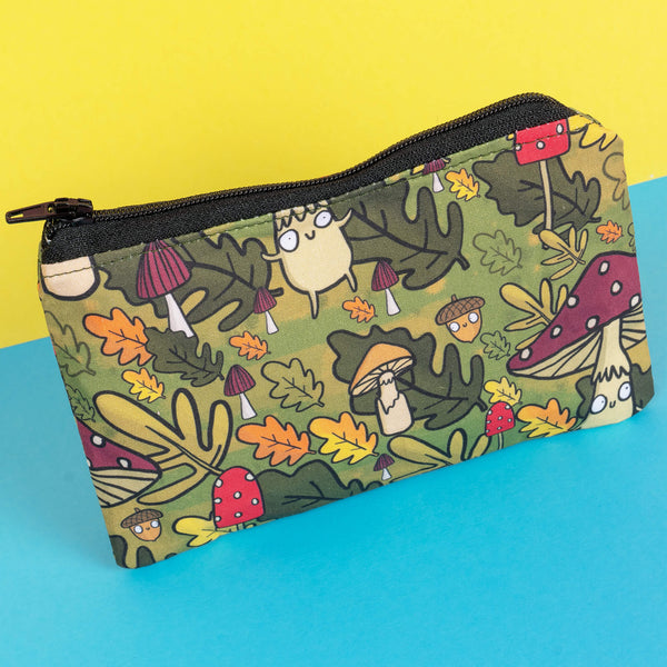 Mushroom Bois Coin Purse with green forest illustration featuring smiley mushrooms and acorns. Designed by Katie Abey X Dawney's Sewing Room in the UK