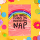 Allow yourself to have a sweary rude word nap A6 greetings postcard featuring black text on a pink starry sky background with clouds and rainbows. Designed by Katie Abey in the UK
