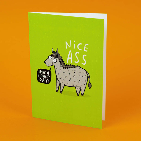 A6 Greetings Card blank inside with illustrated smiley donkey on green background. With white writing that reads 'nice ass' and black speech bubble that reads 'have a lovely day'. Designed in the UK by Katie Abey