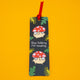 Full view of Katie Abey “Stop Talking, I’m Reading” mushroom bookmark with red ribbon tassel on bright yellow background. Features playful toadstool characters and leafy pattern. Ideal quirky gift for readers, book lovers and fans of fun illustrated stationery.
