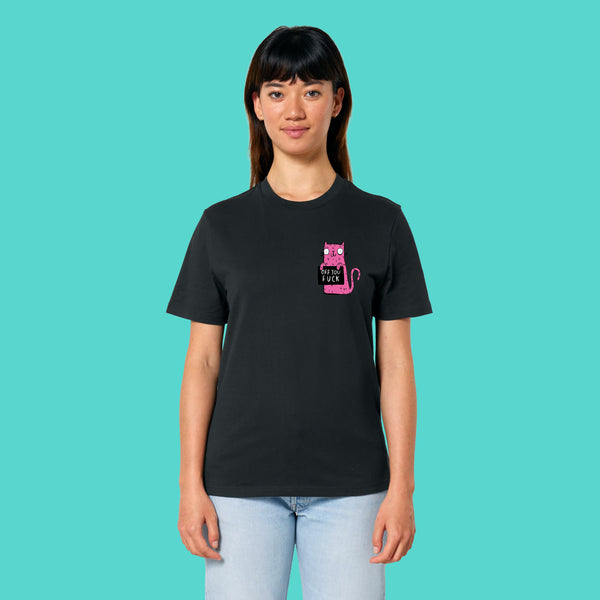 Front view of a model wearing the Sweary Cat Off You F*ck Adults Tee by Katie Abey. White unisex T shirt with a cheeky pink cat illustration and bold sweary slogan. A playful and expressive tee by a UK small business, ideal for making your mood very clear.