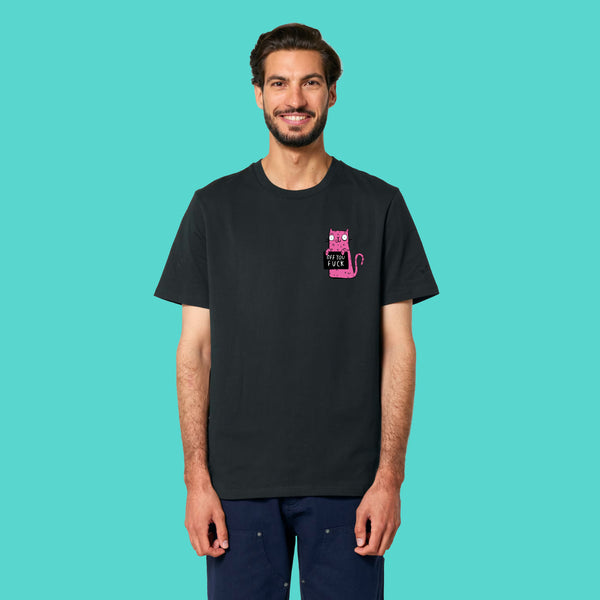Front view of a model wearing the Sweary Cat Off You F*ck Adults Tee by Katie Abey. Black unisex T shirt featuring a small pink cartoon cat holding a sweary sign on the chest. Designed by UK illustrator Katie Abey for people who love funny, rude and unapologetically weird fashion.