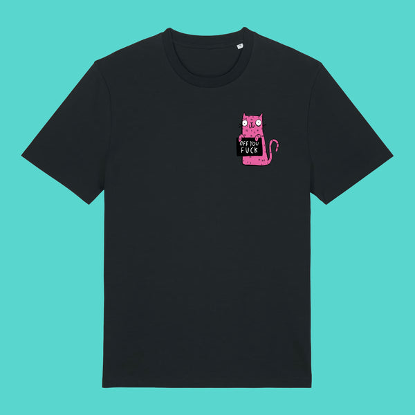 Front view of the Sweary Cat Off You Fck Adults Tee by Katie Abey. A Black unisex T shirt featuring a small pink illustrated cat holding a black sign with the words Off You Fck on the chest. Fun, rude and quirky design by UK illustrator Katie Abey on a turquoise background.