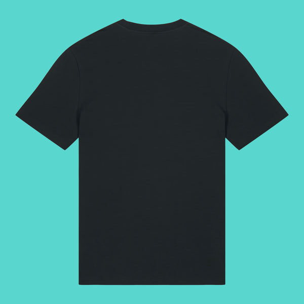 Back view of the Sweary Cat Off You F*ck Adults Tee by Katie Abey. Black unisex T shirt shown flat on a turquoise background with a plain back and short sleeves. Ethical cotton tee with a relaxed fit, designed by UK illustrator Katie Abey for people who love bold, funny and sweary clothing.