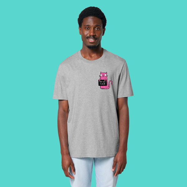 Front view of a model wearing the Sweary Cat Off You F*ck Adults Tee by Katie Abey. Heather Grey unisex T shirt with a cheeky pink cat illustration and bold sweary slogan. A playful and expressive tee by a UK small business, ideal for making your mood very clear.