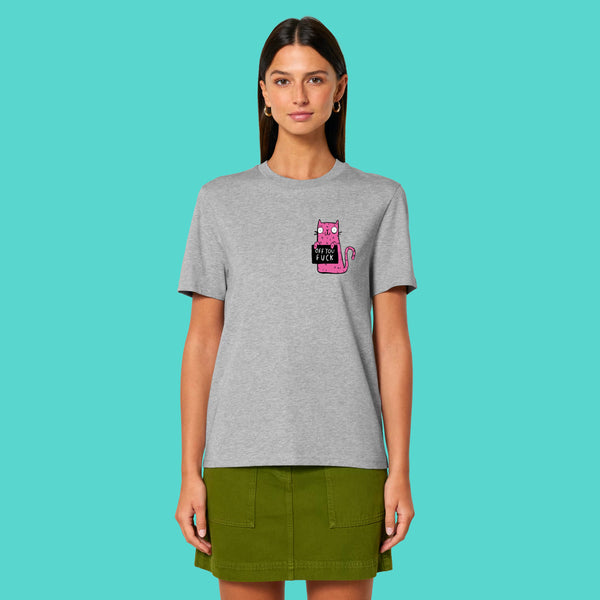 Front view of a model wearing the Sweary Cat Off You F*ck Adults Tee by Katie Abey. Heather Grey unisex T shirt featuring a small pink cartoon cat holding a sweary sign on the chest. Designed by UK illustrator Katie Abey for people who love funny, rude and unapologetically weird fashion.