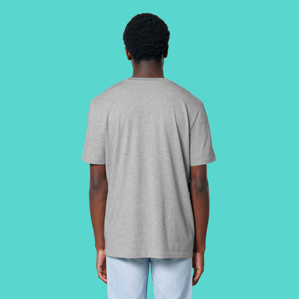 Back view of a model wearing the Sweary Cat Off You F*ck Adults Tee by Katie Abey. Heather Grey unisex T shirt styled casually with jeans. Plain back design shown clearly on a turquoise background, perfect for fans of bold, humorous and alternative illustration clothing.