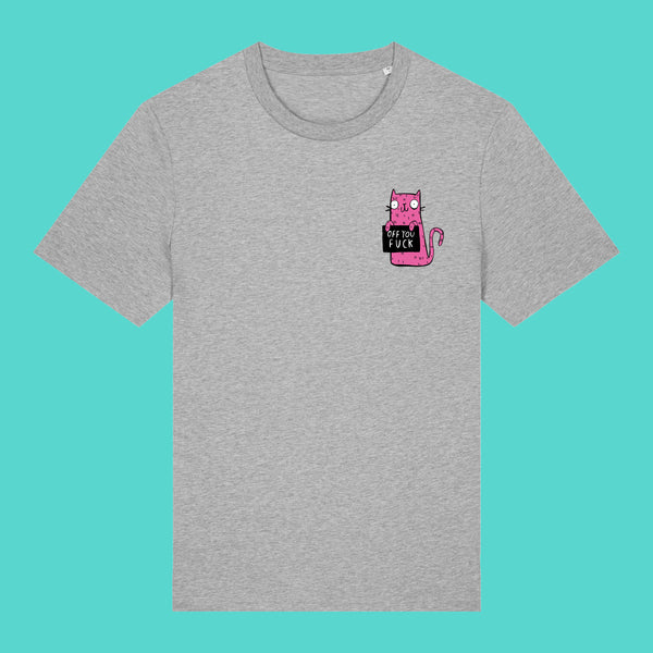 Front view of the Sweary Cat Off You Fck Adults Tee by Katie Abey in heather grey. Unisex T shirt featuring a small pink illustrated cat holding a black Off You Fck sign on the chest. Funny and rebellious illustration by UK artist Katie Abey.