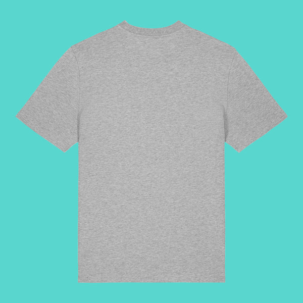 Back view of the Sweary Cat Off You F*ck Adults Tee by Katie Abey in heather grey. Unisex T shirt shown flat on a turquoise background with a plain back and short sleeves. Soft cotton tee designed by UK illustrator Katie Abey, perfect for lovers of bold and humorous fashion.