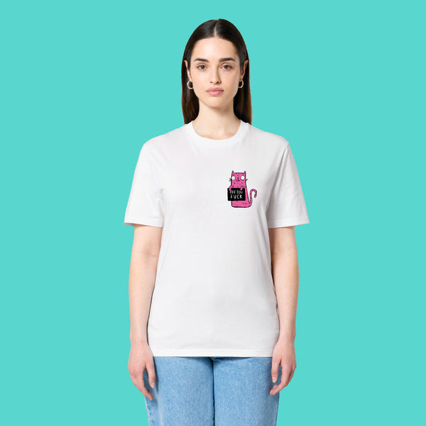 Front view of a model wearing the Sweary Cat Off You F*ck Adults Tee by Katie Abey. White unisex T shirt featuring a small pink cartoon cat holding a sweary sign on the chest. Designed by UK illustrator Katie Abey for people who love funny, rude and unapologetically weird fashion.