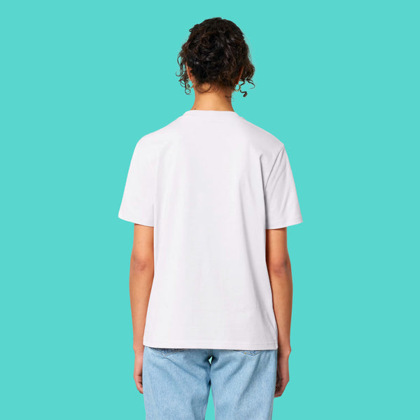 Back view of a model wearing the Sweary Cat Off You F*ck Adults Tee by Katie Abey. White unisex T shirt with a relaxed fit, short sleeves and plain back. Shown on a model against a turquoise background, highlighting the casual everyday fit of this illustrated sweary cat tee.