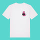 Front view of the Sweary Cat Off You Fck Adults Tee by Katie Abey. White unisex T shirt featuring a small pink illustrated cat holding a black sign with the words Off You Fck on the chest. Fun, rude and quirky design by UK illustrator Katie Abey on a turquoise background.