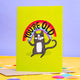 An A6 card with an annoyed cat illustrated on the front by Katie Abey with a rainbow above them and the text saying 'you're old' in a green backdrop