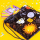 oracle bag with sun, moons and potions illustrated by Katie Abey on a black base. It is on a yellow background.