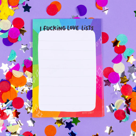 A rainbow edged notepad from the brain of Katie Abey with lines and 'I fucking love lists' written on the top